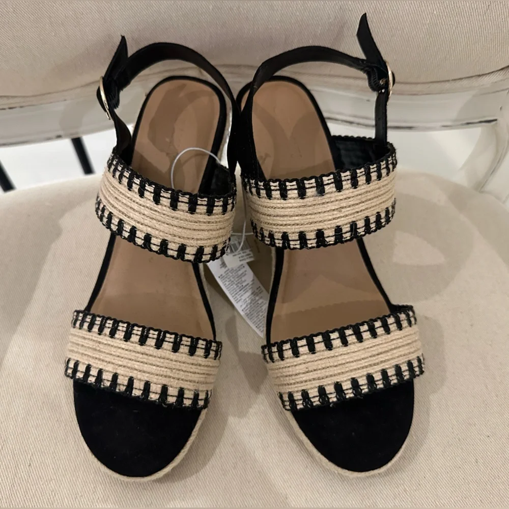 NWT Size 8 Stylish Black and Tan Wedge Raffia espadrille Sandals Shoes - Picture 11 of 11